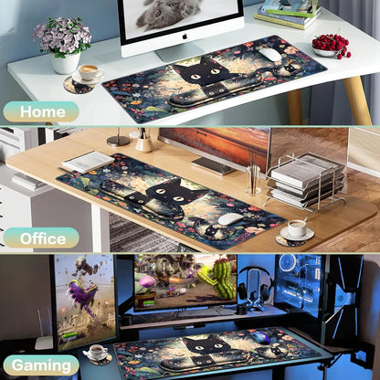 Desk Mat, Large Gaming Mouse Pad with Wrist Rest, 4in1 XXL Mousepad+Keyboard Wrist Rest+Mouse Pad Wrist Support+Cup Coaster Set Ergonomic Floral Computer Desk Arm Wrist for Decor Home Office Women