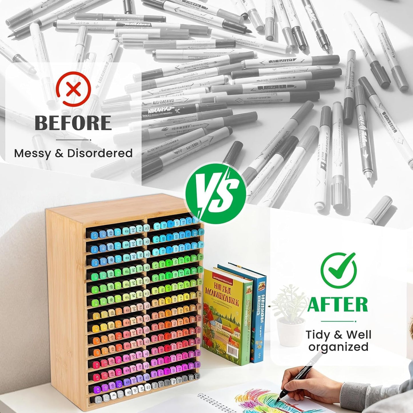 Bamboo Marker Organizer for 224 Markers, Alcohol Marker Storage Organizer with 28 Compartments, Desktop Marker Holder for Art Markers, Brush Pens, Pencils