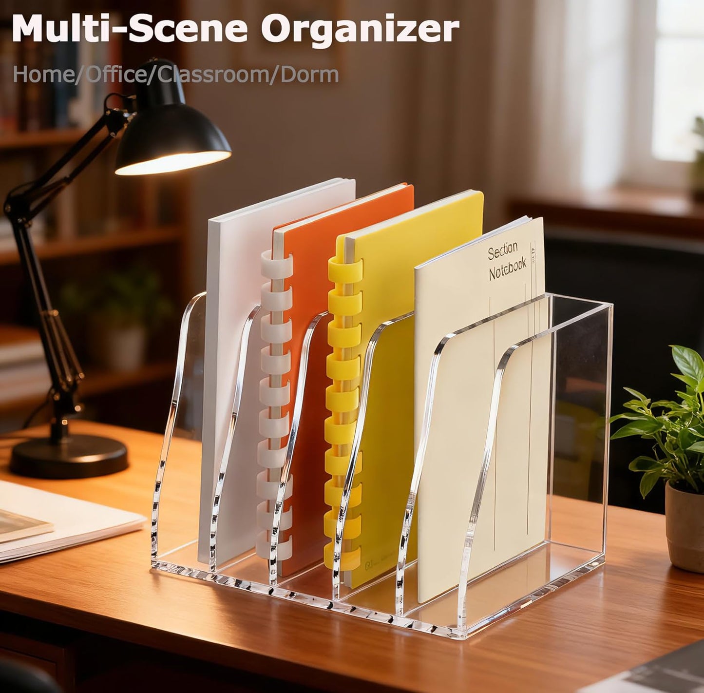 YUXUN Clear Acrylic File Folder Holder - 4 Vertical Compartments Desk Document Sorter, Upright Magazine Rack for Office/Home/Classroom, Stores Documents, Tablets, Magazines, Books & Accessories