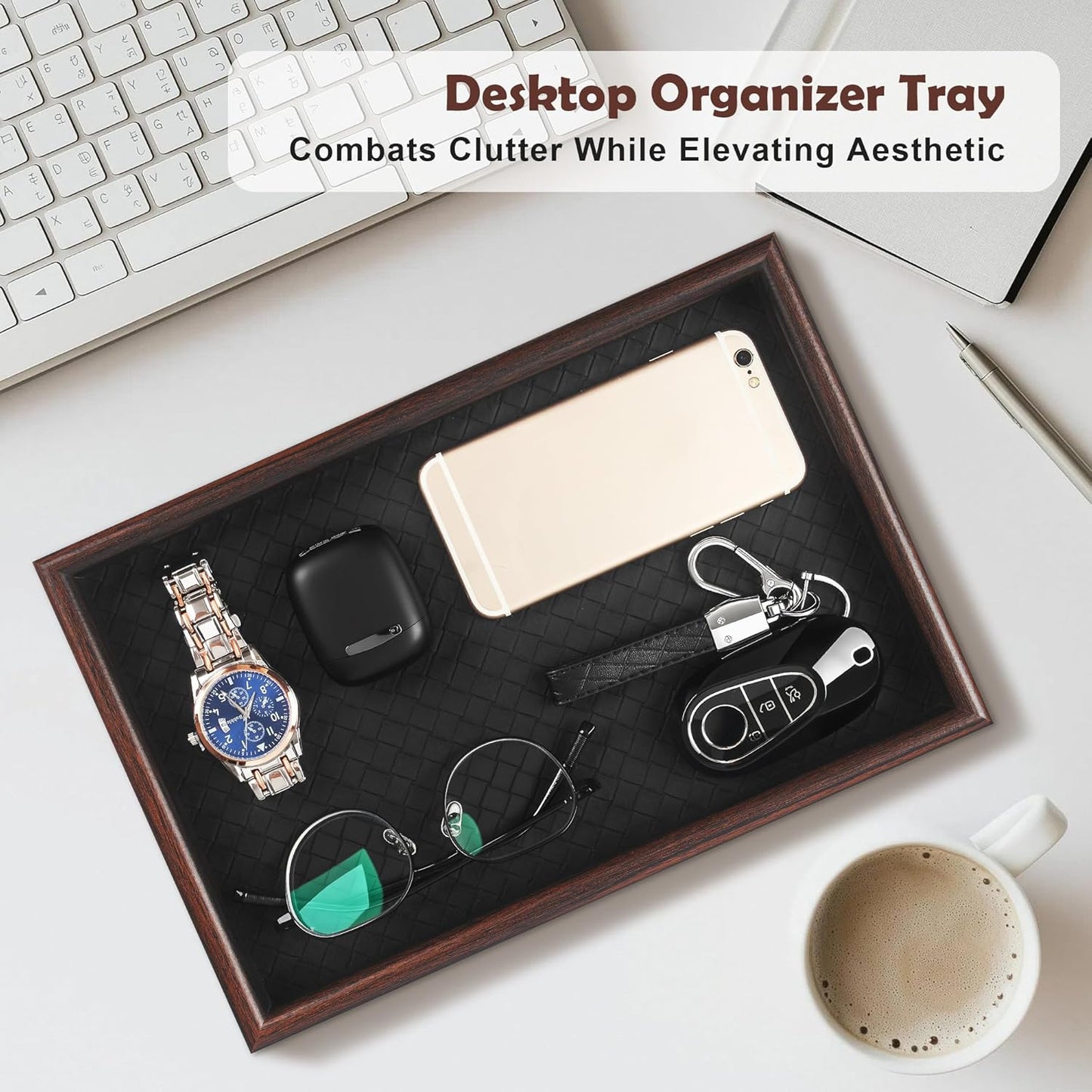 Zosenley Wooden Valet Tray with Leather Base - Nightstand Catchall Organizer for Cologne, Perfume, Keys, Wallet, Phone, Watch, Jewelry & Sunglasses (Black)