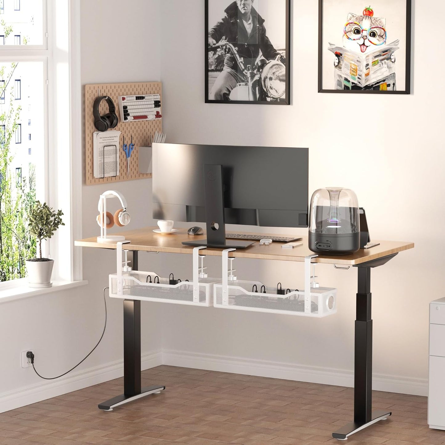 Under Desk Cable Management Tray White, Cinati Wire Organizers No Drill, Cable Tray with Clamp for Wire Management, Cord Organization Box for Office, Home - No Damage to Desk