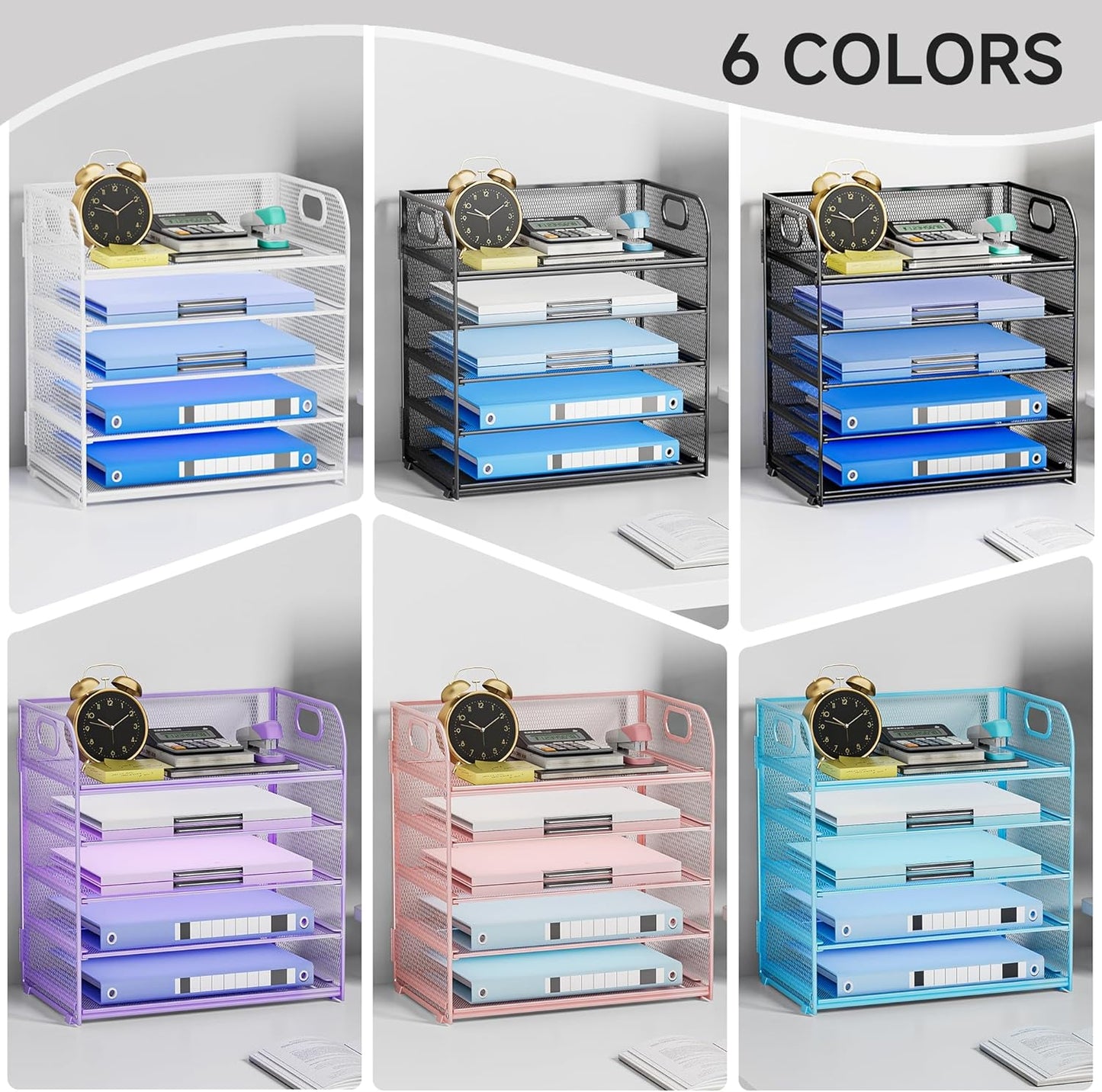 Paper Organizer Letter Tray with Handle, 5-Tier Black Stackable Desk Organizer with Metal Mesh, Sturdy Paper Tray for Office Desk, Home & Classroom Supplies Storage