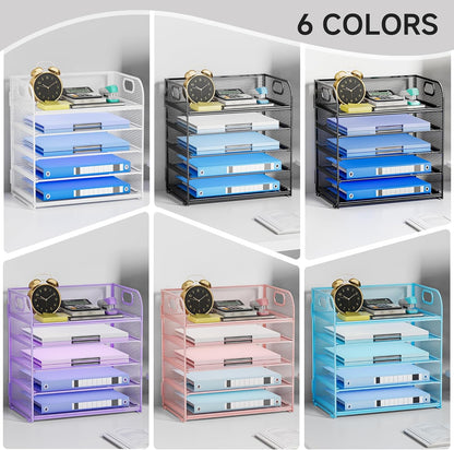 Paper Organizer Letter Tray with Handle, 5-Tier Black Stackable Desk Organizer with Metal Mesh, Sturdy Paper Tray for Office Desk, Home & Classroom Supplies Storage