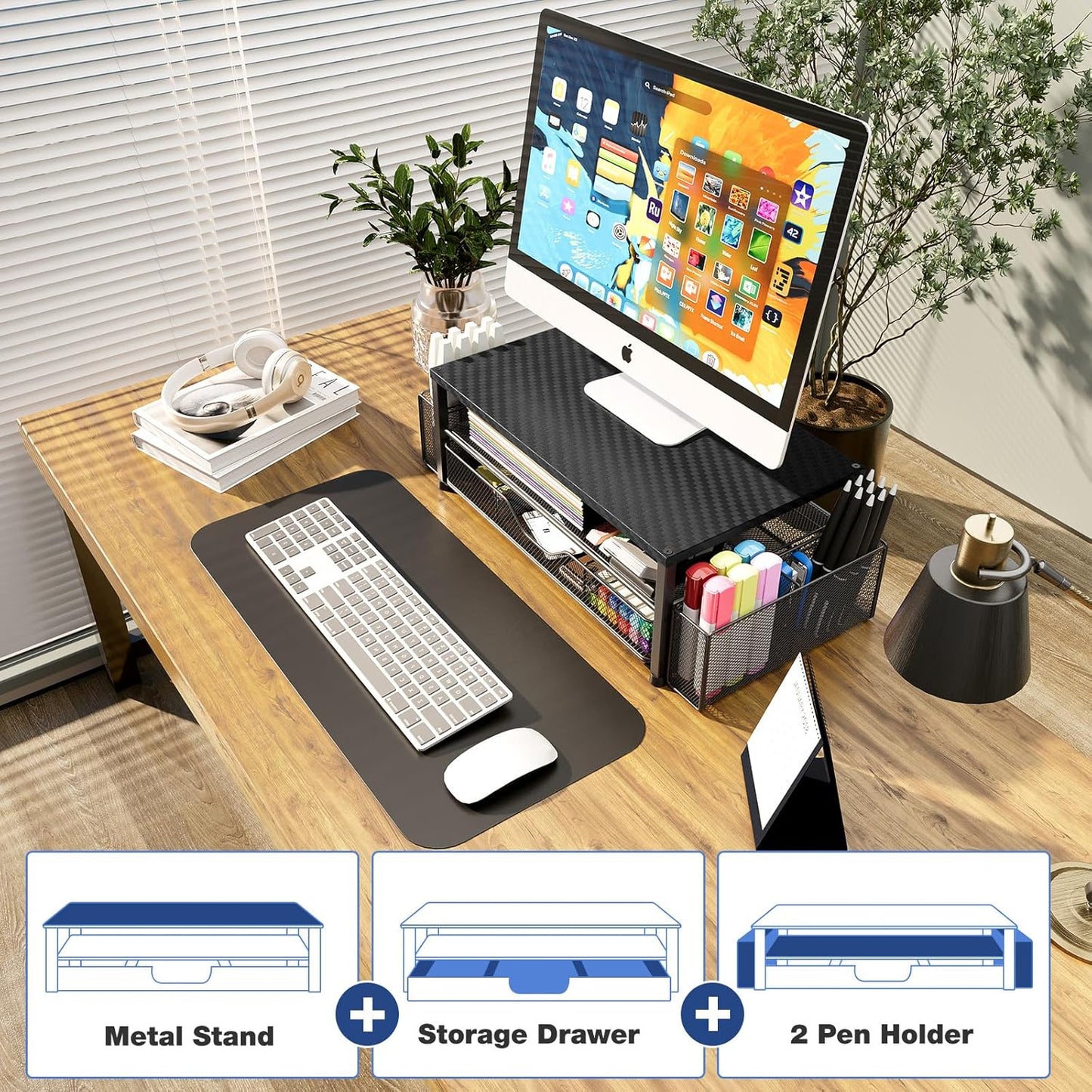 OPNICE Desk Organizers and Accessories, Computer Monitor Stand Riser with Drawer and 2 Pen Holders, Printer & Laptop Stand, Office Desk Accessories & Workspace Organizers for Home Office Supplies, Black
