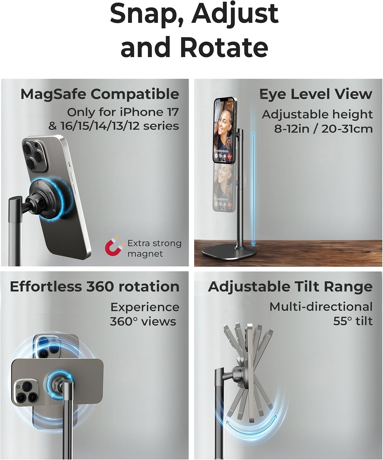 COOPER MagStand, Adjustable Magnetic iPhone Stand for Desk & Phone Holder for Video Recording, Compatible with MagSafe, Stand for iPhone 17 Pro Max, 16/15/14/13/12, Small Mag Safe Tripod (Black)