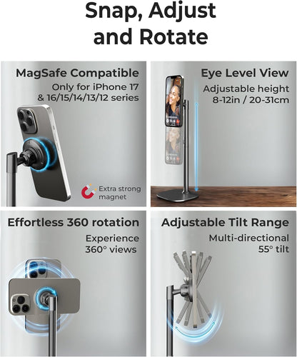 COOPER MagStand, Adjustable Magnetic iPhone Stand for Desk & Phone Holder for Video Recording, Compatible with MagSafe, Stand for iPhone 17 Pro Max, 16/15/14/13/12, Small Mag Safe Tripod (Black)