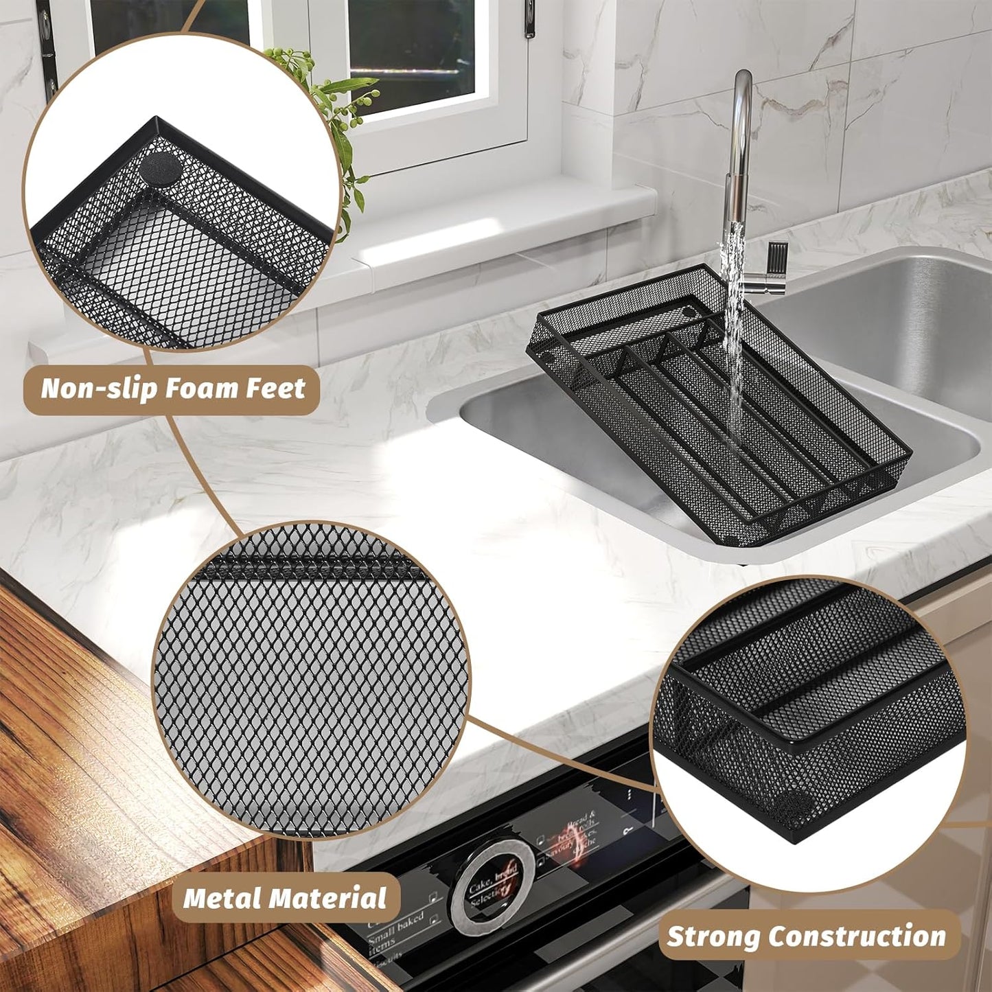 Sedegn Silverware Organizer Metal Mesh, Small Drawer Organizer, Utensil Cutlery Tray for kitchen drawers, Flatware Organizer with 5 Compartment, Black(9.3"*12.6")