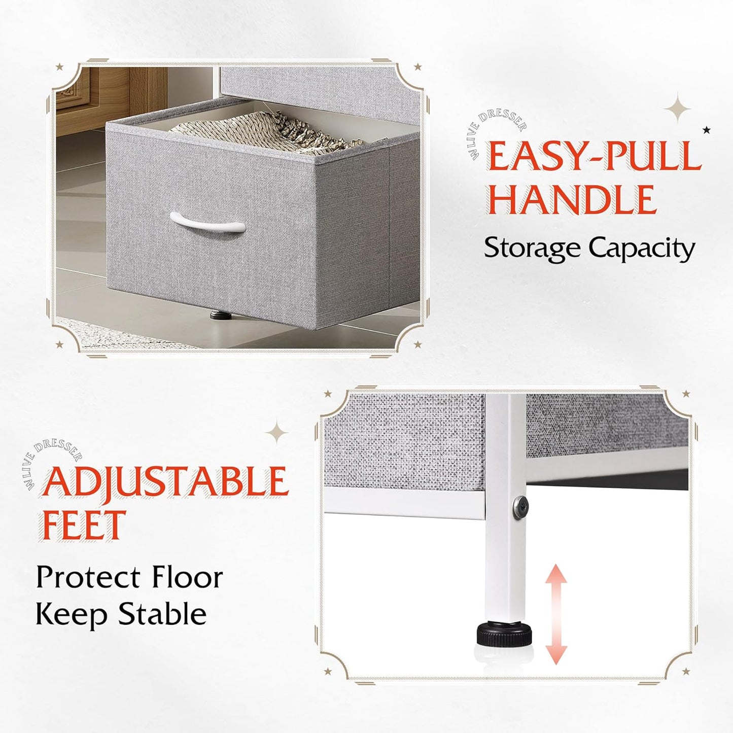 WLIVE Dresser with 3 Drawers, Fabric Nightstand, Cabinet with Wheels, Organizer Storage Dresser for Bedroom, Office, Entryway, Closets, Sturdy Steel Frame, Wood Top, Easy Pull Handle, White