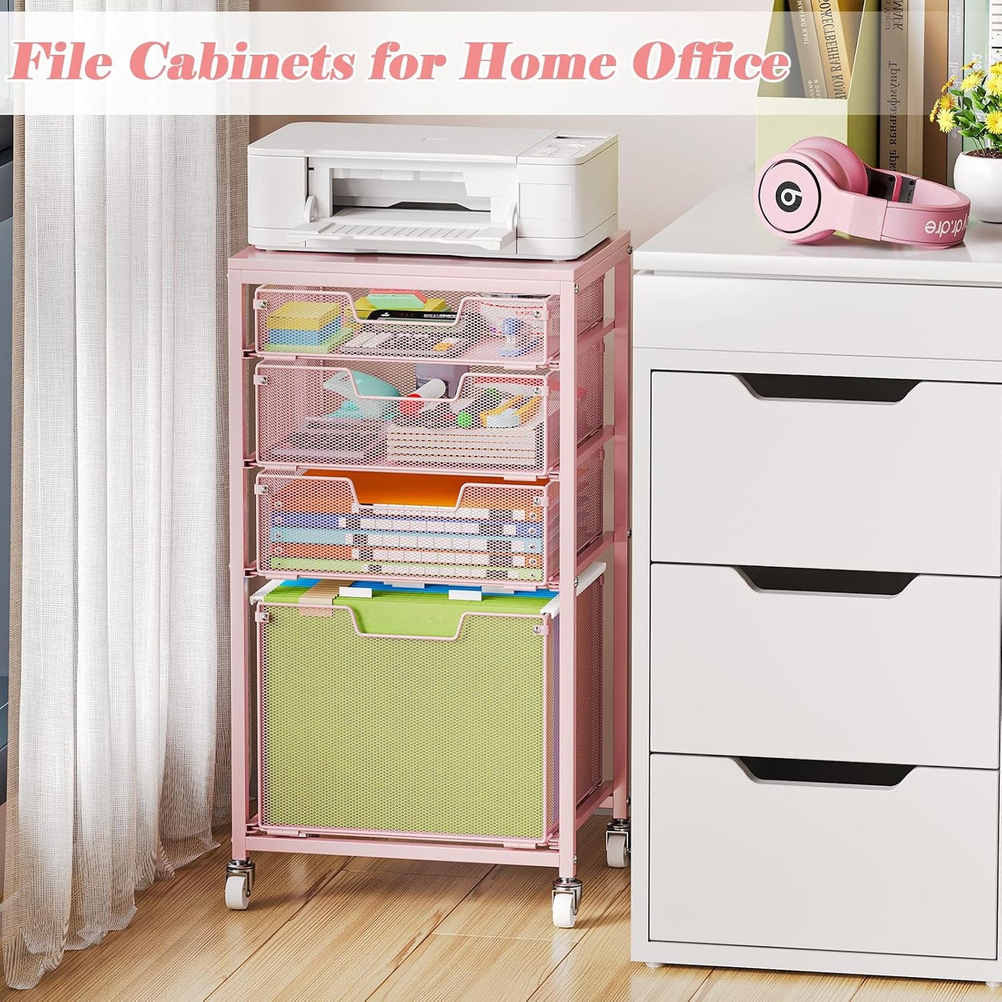 Sbanmao Rolling File Cart with 4 Storage Drawers, Mobile File Cabinet with Wheels, Hanging File Organizer, Under Desk Printer Stand Utility Cart Filing Cabinet for Home Office, Black