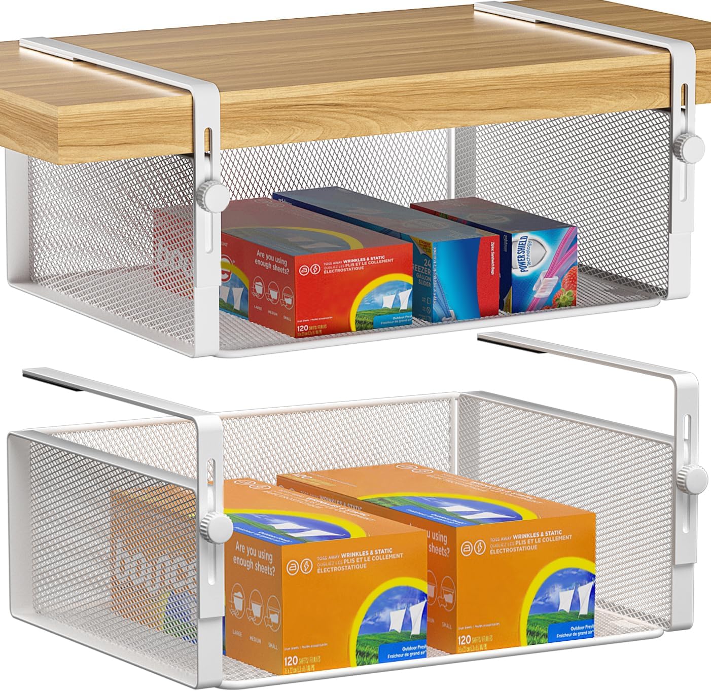AmonHouseware 2Pack Under Shelf Basket Organizer,Adjustable Hanging Holder for Cabinet Pantry Kitchen Cupboard Desk Counter Bookshelf Organization Add-on Space Saver Heavy Duty Slide-in (Black, Large)