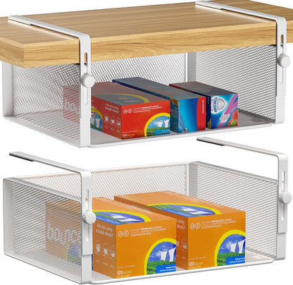 AmonHouseware 2Pack Under Shelf Basket Organizer,Adjustable Hanging Holder for Cabinet Pantry Kitchen Cupboard Desk Counter Bookshelf Organization Add-on Space Saver Heavy Duty Slide-in (Black, Large)