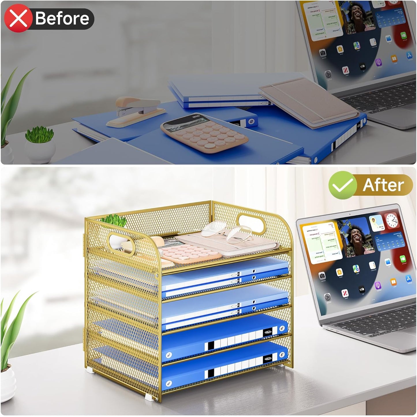 Paper Organizer Letter Tray with Handle, 5-Tier Black Stackable Desk Organizer with Metal Mesh, Sturdy Paper Tray for Office Desk, Home & Classroom Supplies Storage