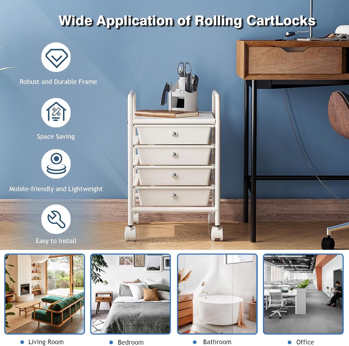 4-Tier Utility Cart with 4 Drawers, Rolling Utility Cart with 2 Lockable Caster Wheels, Multipurpose Mobile Rolling Drawer Cart for Office Bathroom Kitchen, Ivory White