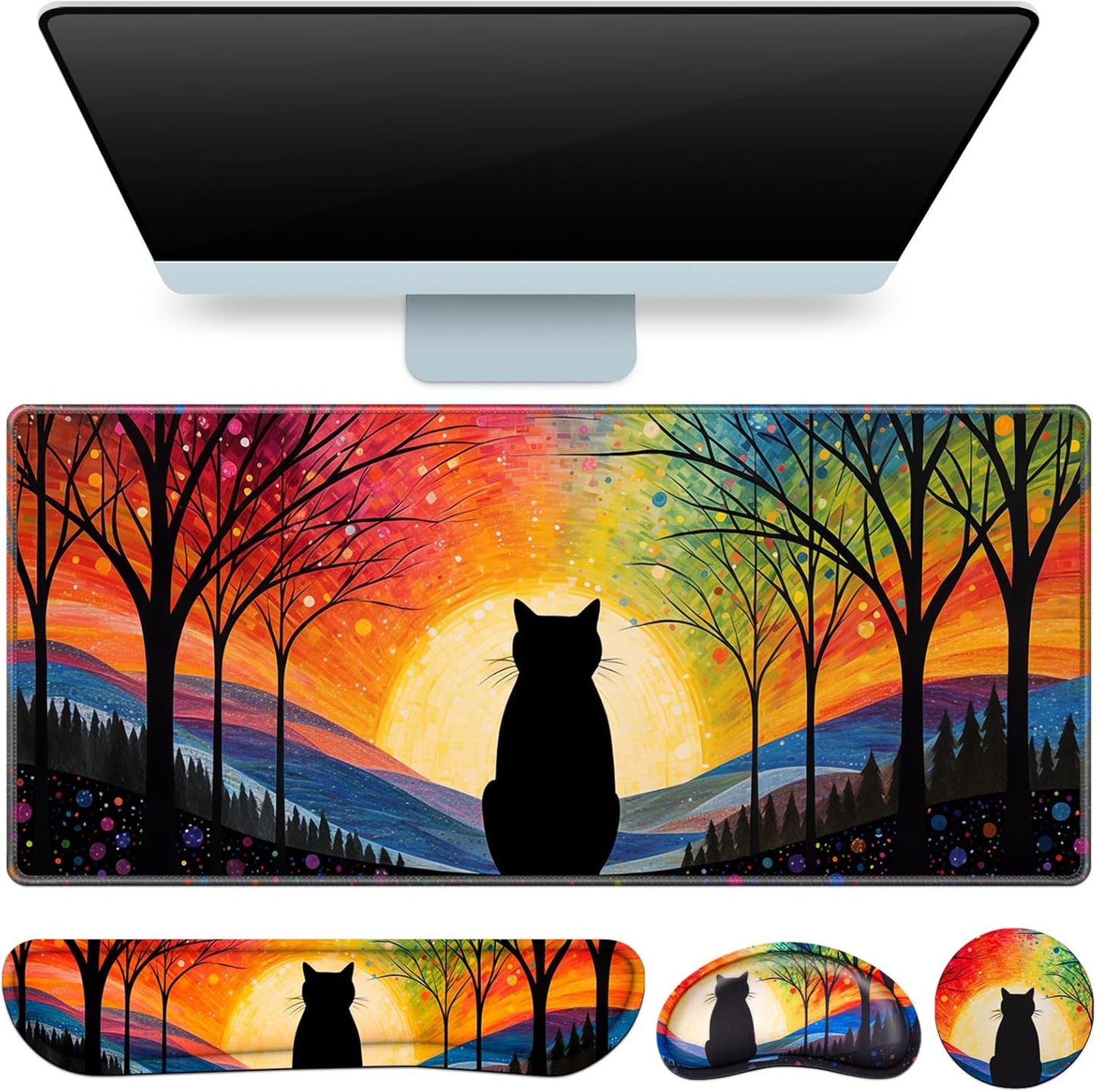 Desk Mat, Large Gaming Mouse Pad with Wrist Rest, 4in1 XXL Mousepad+Keyboard Wrist Rest+Mouse Pad Wrist Support+Cup Coaster Set Ergonomic Floral Computer Desk Arm Wrist for Decor Home Office Women