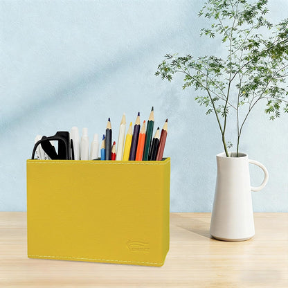 Leather Pen Holder, Brown Pencil Holder, Desktop Elegant Pen Holder for Desk, Stationery Organizer for School Office Home Dorm (3.3" x 3.3" x 4", Brown)