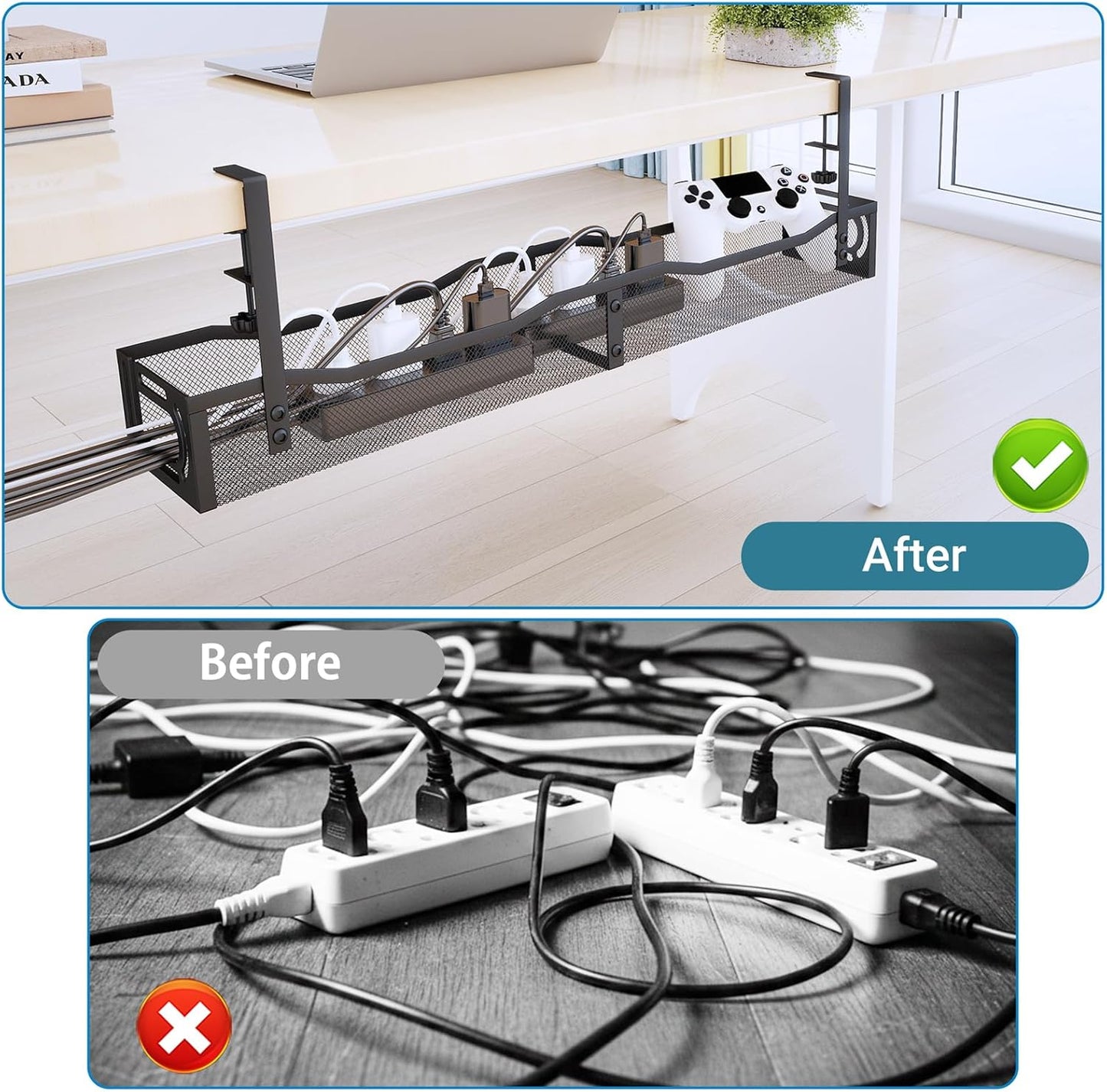 No Drill Under Desk Cable Management Tray, SONATURE 15.7" Cord Organizer for Table, Clamp Mount Desk Cable Management, Premium Carbon Steel Cable Organizer for Office, Home (Black)