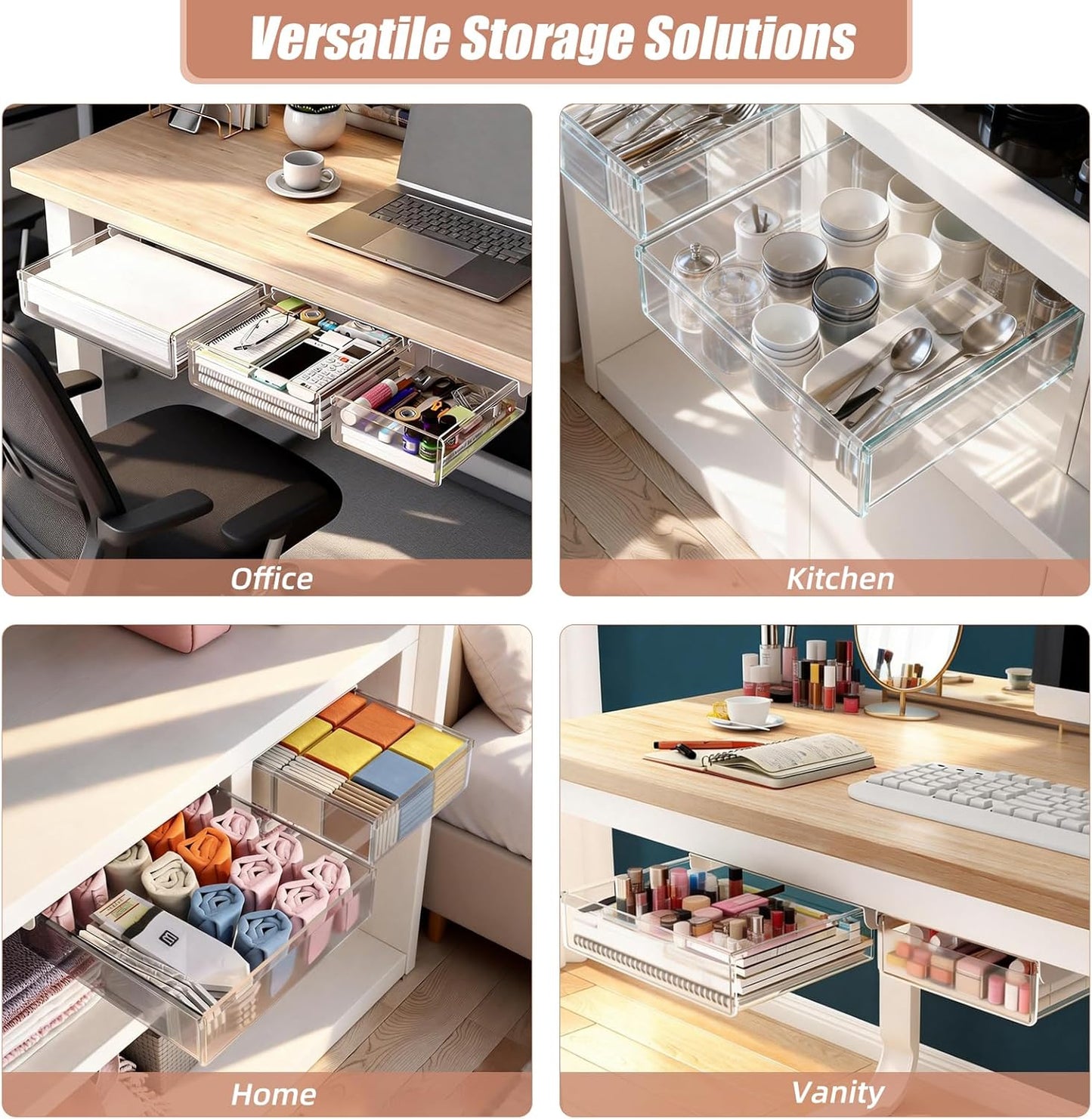 TooCust 3 Pack Under Desk Drawer Slide Out Storage Organizer, Clear White 3 Sizes (S/M/L), Dual-Mount Hidden Table Tray for Tablets, Planners & Office Supplies