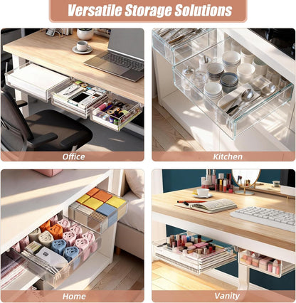 TooCust 3 Pack Under Desk Drawer Slide Out Storage Organizer, Clear White 3 Sizes (S/M/L), Dual-Mount Hidden Table Tray for Tablets, Planners & Office Supplies