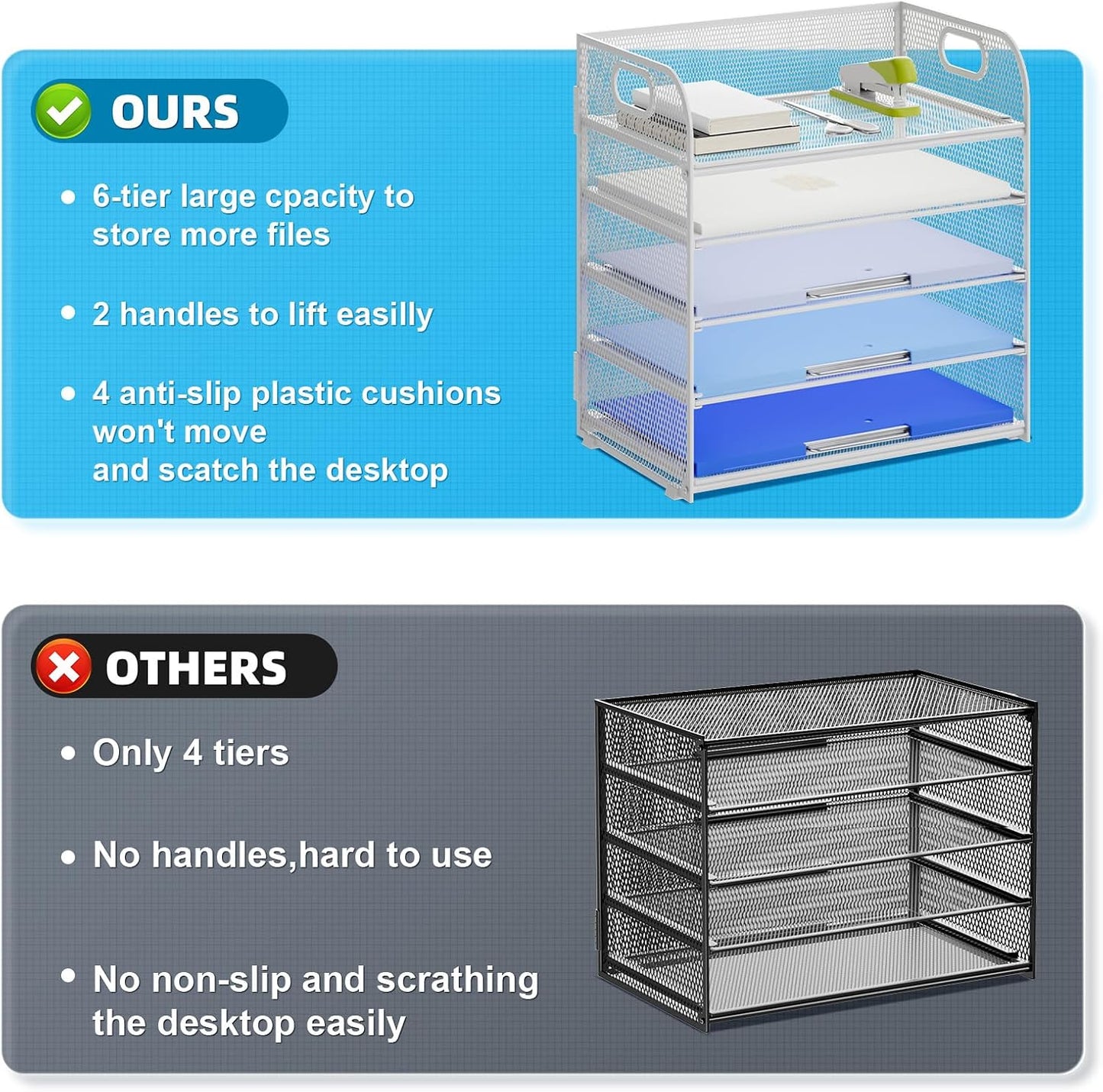 Marbrasse 5-Tier Letter Tray Paper Organizer with Handle, Multi-Functional Mesh File Organizer for Desk, Adjustable Compartments Mesh Desktop Storage for Office Supplies,Black