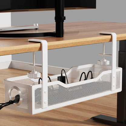 Under Desk Cable Management Tray White, Cinati Wire Organizers No Drill, Cable Tray with Clamp for Wire Management, Cord Organization Box for Office, Home - No Damage to Desk