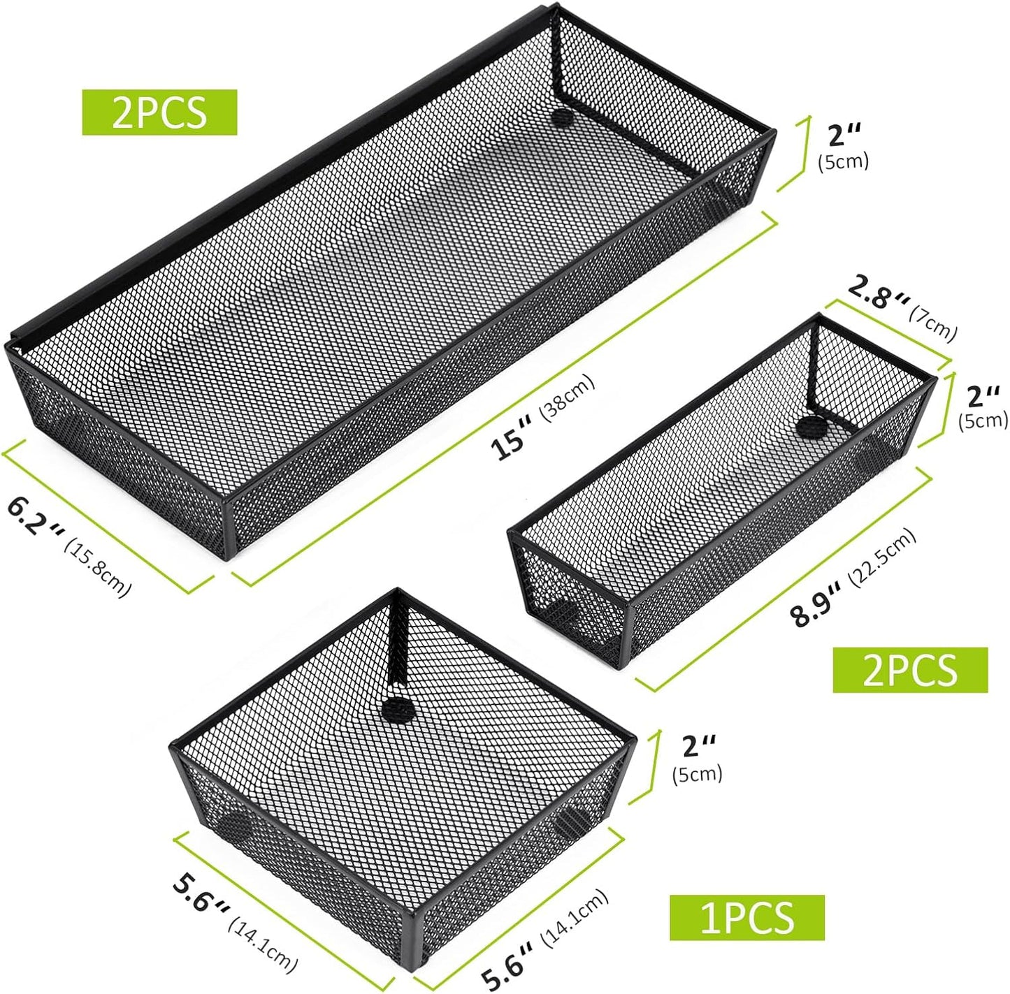 Neudeco Drawer Organizer Set 6 Pack - 5-Compartment Silverware Organizer Tray + 5 Utensil Trays, Kitchen Drawer Organizer for Flatware, Cutlery, Office Supplies, Black Mesh, Non-Slip.