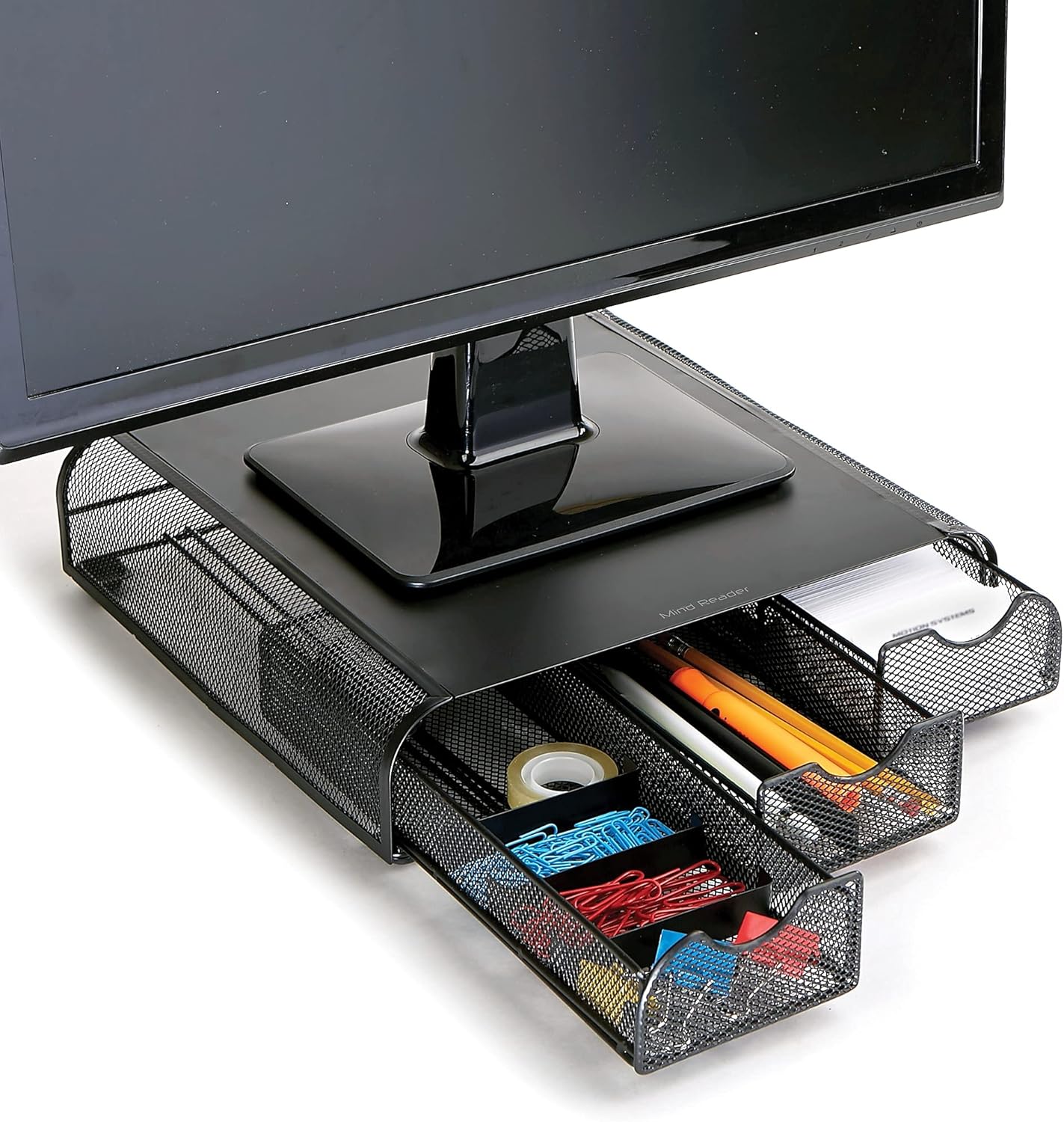 Mind Reader Monitor Stand, Ventilated Laptop Riser, Desktop Organizer, Storage, Metal Mesh, 13.25"L x 12.5"W x 3"H, Black