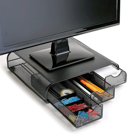Mind Reader Monitor Stand, Ventilated Laptop Riser, Desktop Organizer, Storage, Metal Mesh, 13.25"L x 12.5"W x 3"H, Black