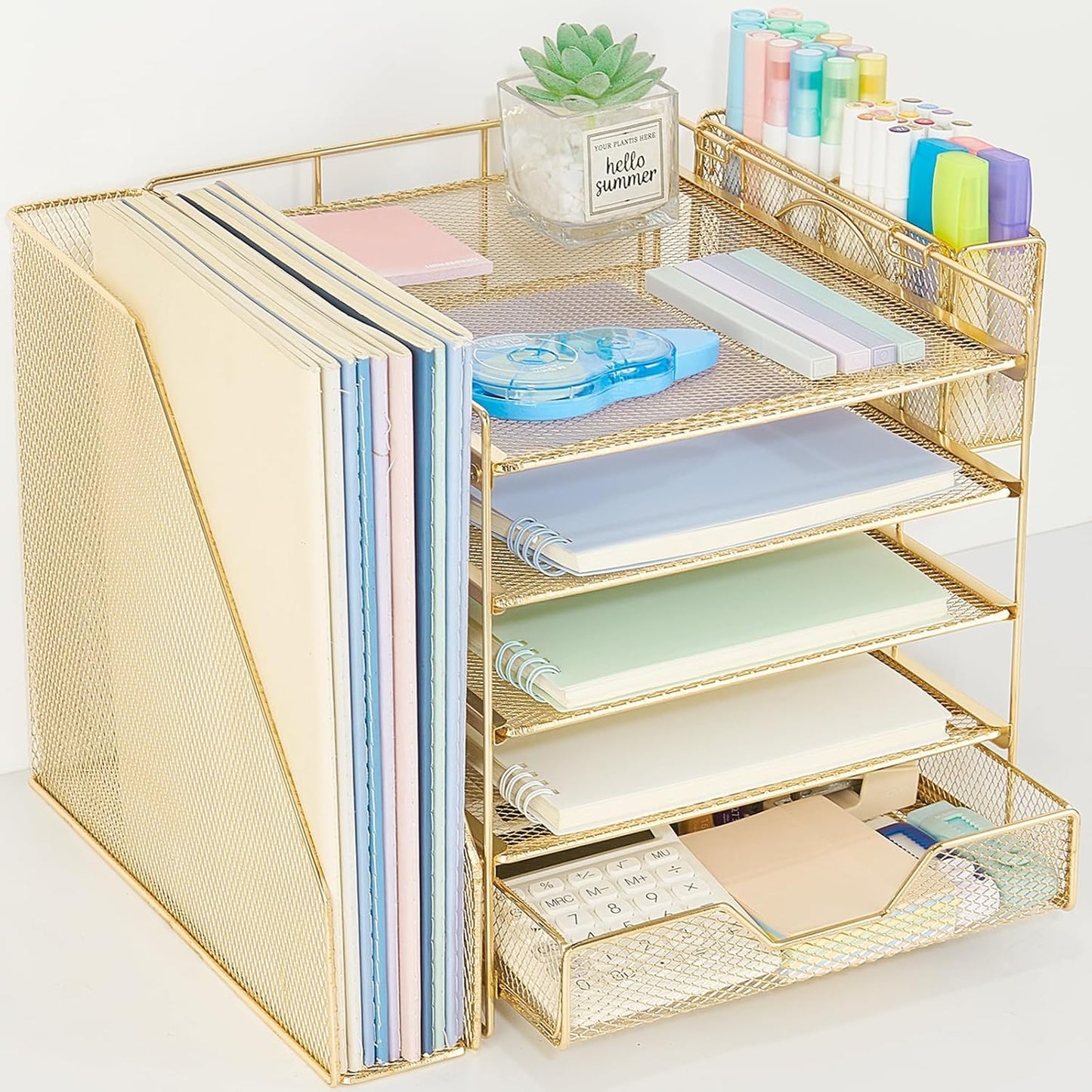 Desk Organizer, 5-Tier Paper Letter Tray Organizer with File Holder, Drawer and Pen Holder, Desktop Organizer for Office Supplies, Black