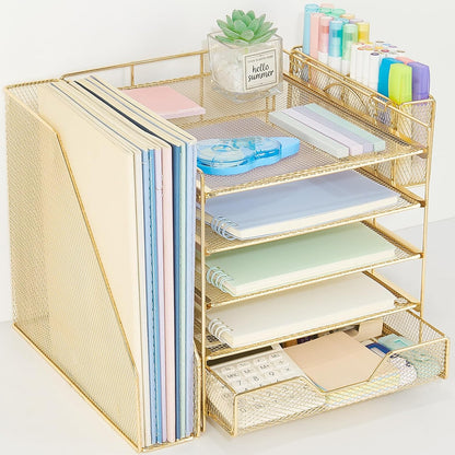 Desk Organizer, 5-Tier Paper Letter Tray Organizer with File Holder, Drawer and Pen Holder, Desktop Organizer for Office Supplies, Black