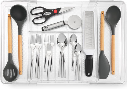 Masirs Expandable Utensil Drawer Organizer - BPA-Free Plastic Clear Silverware Tray with Multiple Compartments - Non-Slip Cutlery Storage for Kitchen, Bathroom, or Office Drawers (Clear)