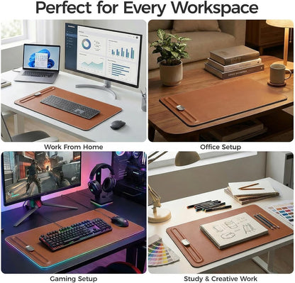 Desk Mat – Double-Sided Vegan Leather & Felt | Built-In Magnetic Cable Organizer & File Storage | Premium Workspace Pad for Office, Gaming & Creative Professionals-（Green）