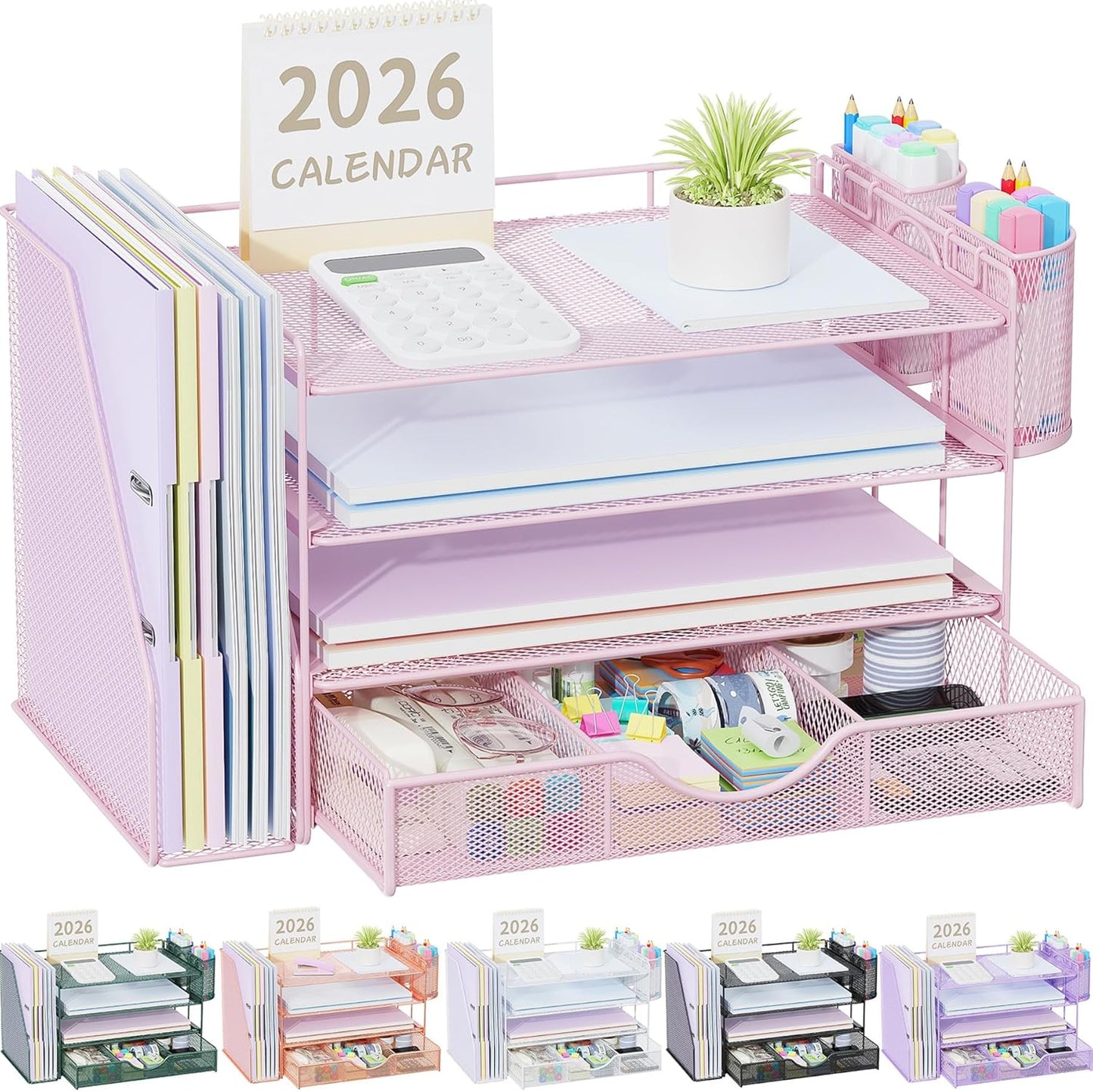 gianotter Desk Organizers and Accessories with File Holder, 4-Tier Desk Accessories & Workspace Organizers with Drawer and 2 Pen Holder, Paper Organizer for Office Supplies (Rose Gold)