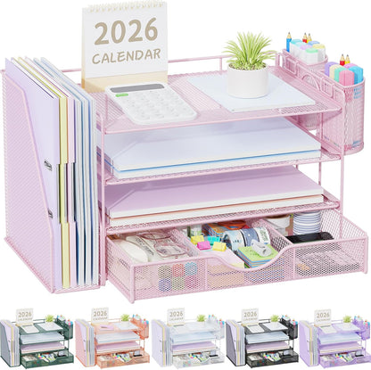 gianotter Desk Organizers and Accessories with File Holder, 4-Tier Desk Accessories & Workspace Organizers with Drawer and 2 Pen Holder, Paper Organizer for Office Supplies (Rose Gold)