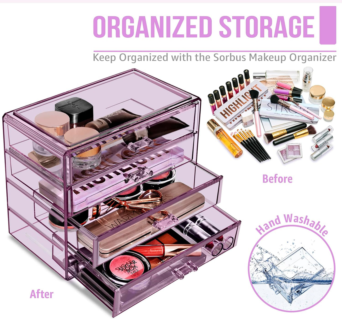 Sorbus Acrylic Makeup Organizer Set, 4-Drawer Vanity & Countertop Cosmetic Storage with Wide Drawers, Clear Makeup Storage for Brushes, Lipsticks, Jewelry – Holiday Gift for Women & Teens