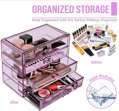 Sorbus Acrylic Makeup Organizer Set, 4-Drawer Vanity & Countertop Cosmetic Storage with Wide Drawers, Clear Makeup Storage for Brushes, Lipsticks, Jewelry – Holiday Gift for Women & Teens