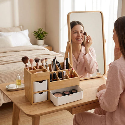 Bamboo Makeup Organizer with 3 Drawers & Adjustable Dividers, Desk Cosmetic Storage Box, Vanity Countertop Organizer for Bathroom, Office, Bedroom (11.5x5.4in)