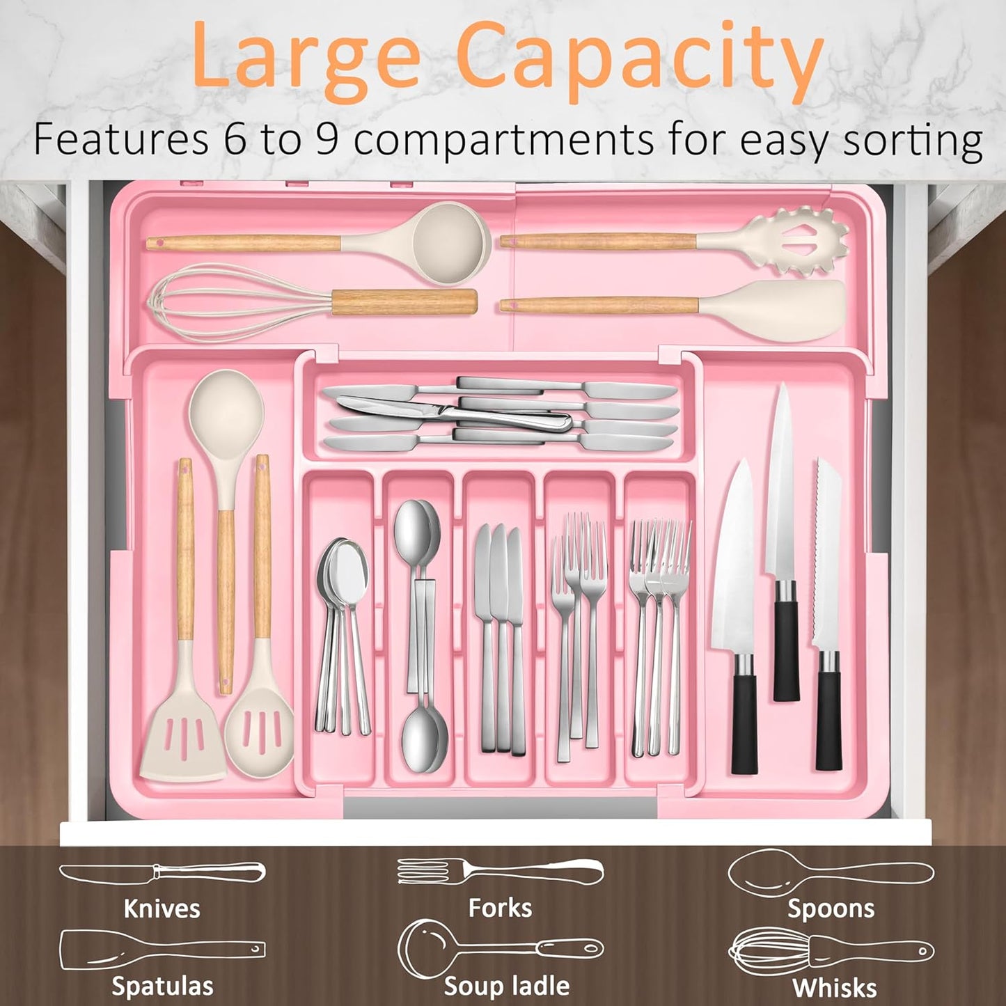 Spaclear Silverware Organizer Expandable Kitchen Utensil Drawer Organizer Large BPA Free Adjustable Cutlery Silverware Tray for Spoons Forks Knives Storage Divider for Kitchen Flatware 6-9 Slots Black