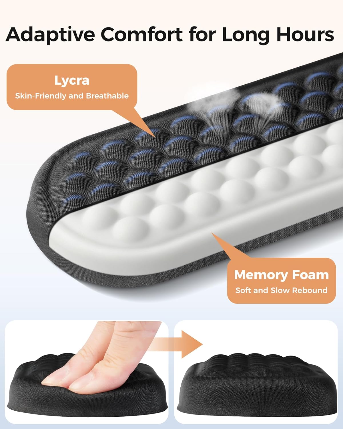 Wrist Rest Set for Keyboard and Mouse, Ergonomic Wrist Support with Memory Foam, Silky Lycra Cover, Non-Slip Base, Helps Ease Wrist Pressure and Fatigue During Long Typing and Gaming Sessions (Black)