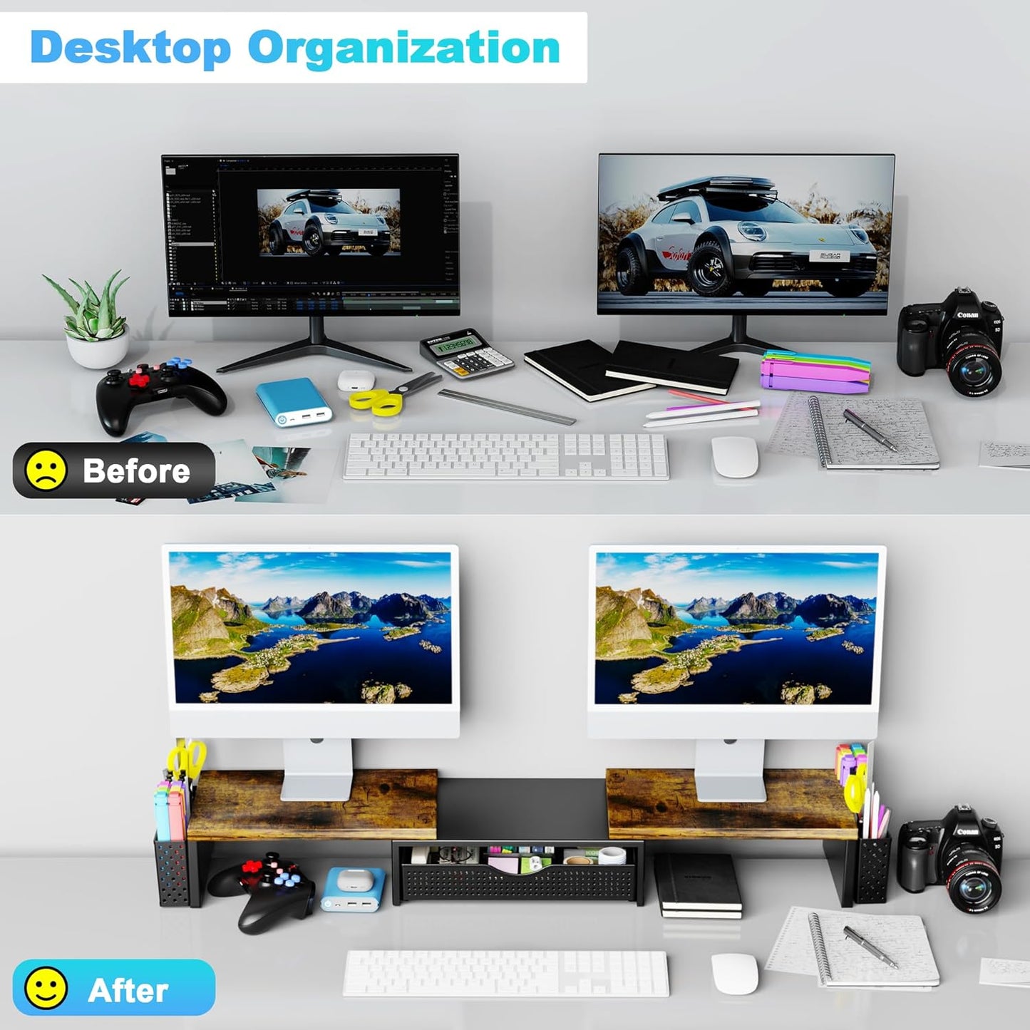 Spacrea Metal Desk Organizers and Accessories, Dual Monitor Stand Riser with Drawer and 2 Pen Holders, Book Racks, Desk Accessories & Workspace Desktop Organizers for Office Supplies (Black)