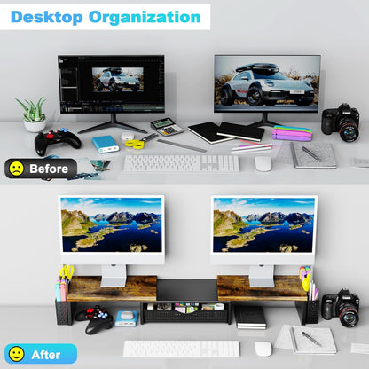 Spacrea Metal Desk Organizers and Accessories, Dual Monitor Stand Riser with Drawer and 2 Pen Holders, Book Racks, Desk Accessories & Workspace Desktop Organizers for Office Supplies (Black)