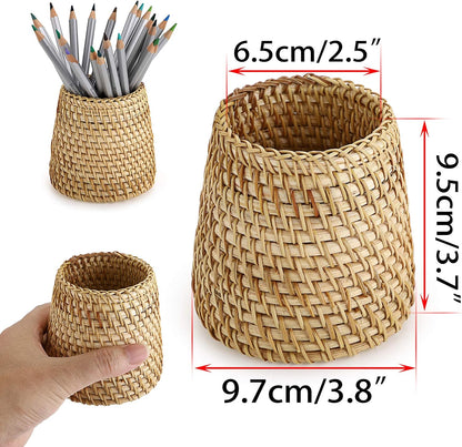 BTSKY Rattan Pen Cup, Handmade Desk Pencil Holders Makeup Brush Holder Multi-Functional Woven Basket Office&Home Desktop Organizer(Cone)