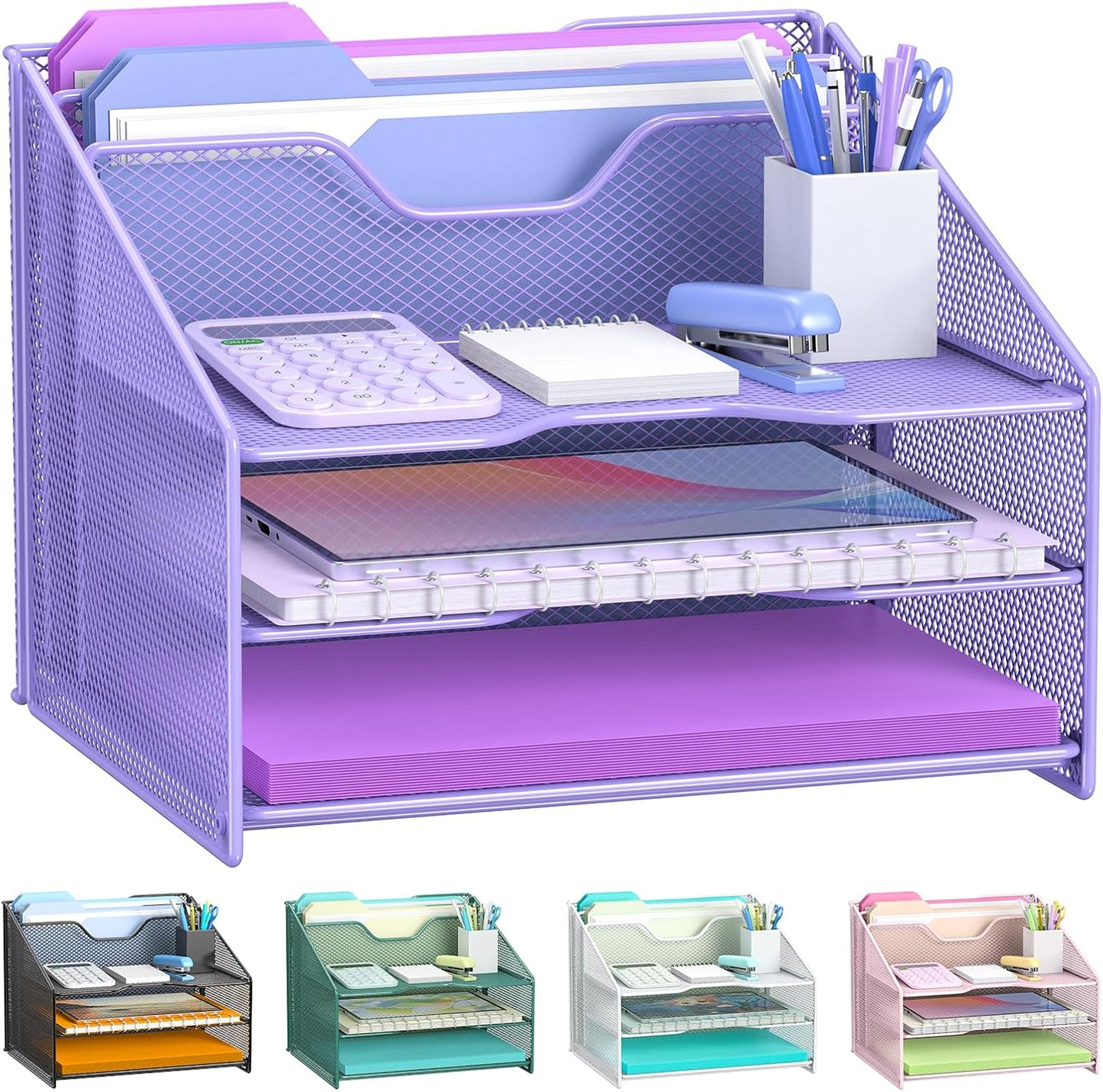 Samstar Desk File Organizer, Mesh Letter File Folder Holder with 3 Paper Trays and 2 Vertical Upright Section, for Office Supplies,Desk Accessories & Workspace,Black.
