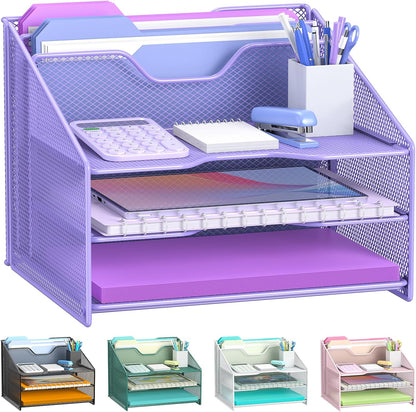 Samstar Desk File Organizer, Mesh Letter File Folder Holder with 3 Paper Trays and 2 Vertical Upright Section, for Office Supplies,Desk Accessories & Workspace,Black.