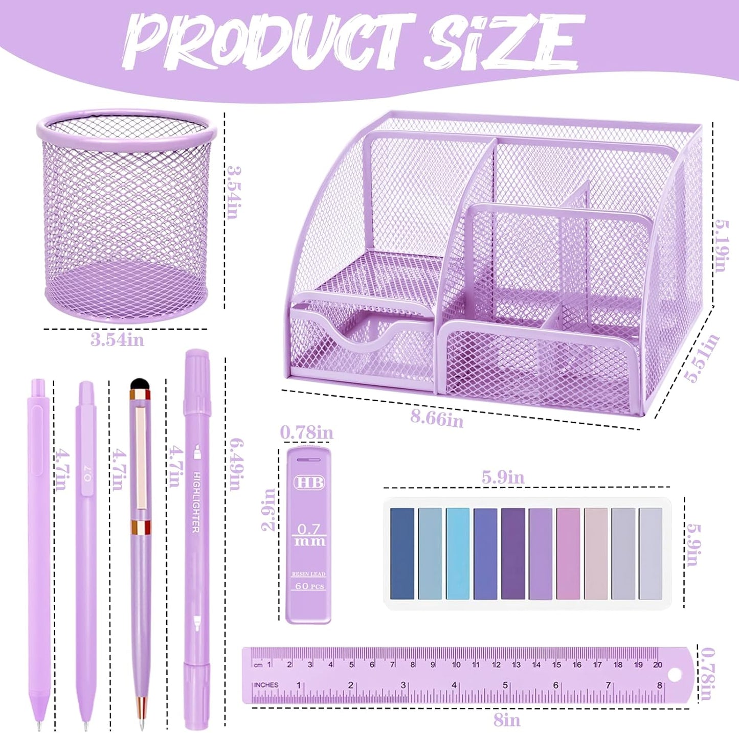 Purple Desk Accessories, 17Pcs Purple Office Supplies Set with Stapler, Mesh Desk Organizer, Tape Dispenser, Staple Remover, Pen Holder, Clips, Pens, Ruler, for Office Home School Women Students Gift