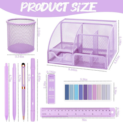Purple Desk Accessories, 17Pcs Purple Office Supplies Set with Stapler, Mesh Desk Organizer, Tape Dispenser, Staple Remover, Pen Holder, Clips, Pens, Ruler, for Office Home School Women Students Gift