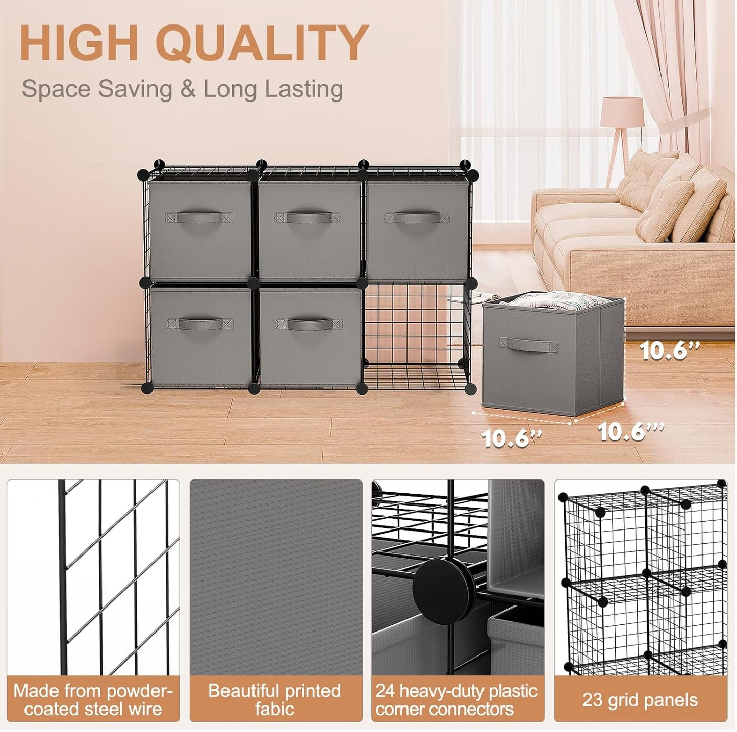 Leinuosen 6 Cube Storage Organizer with Fabric Bins, Wire Grid Stackable Shelves, Modular Storage Units for Bedroom Living Room Office Toys Book Craft(Black,Gray)