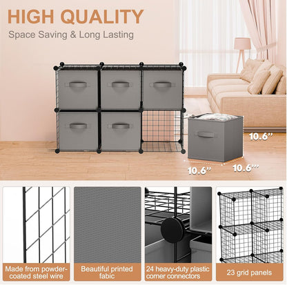 Leinuosen 6 Cube Storage Organizer with Fabric Bins, Wire Grid Stackable Shelves, Modular Storage Units for Bedroom Living Room Office Toys Book Craft(Black,Gray)