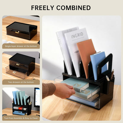 CiWiVOKi Desk Organizer with 2 Vertical File Holder, 4 Tier Stackable Paper Letter Tray File Organizer with 5-Compartments Pen Holder, Clear Desktop Organizer Office Organization and Storage