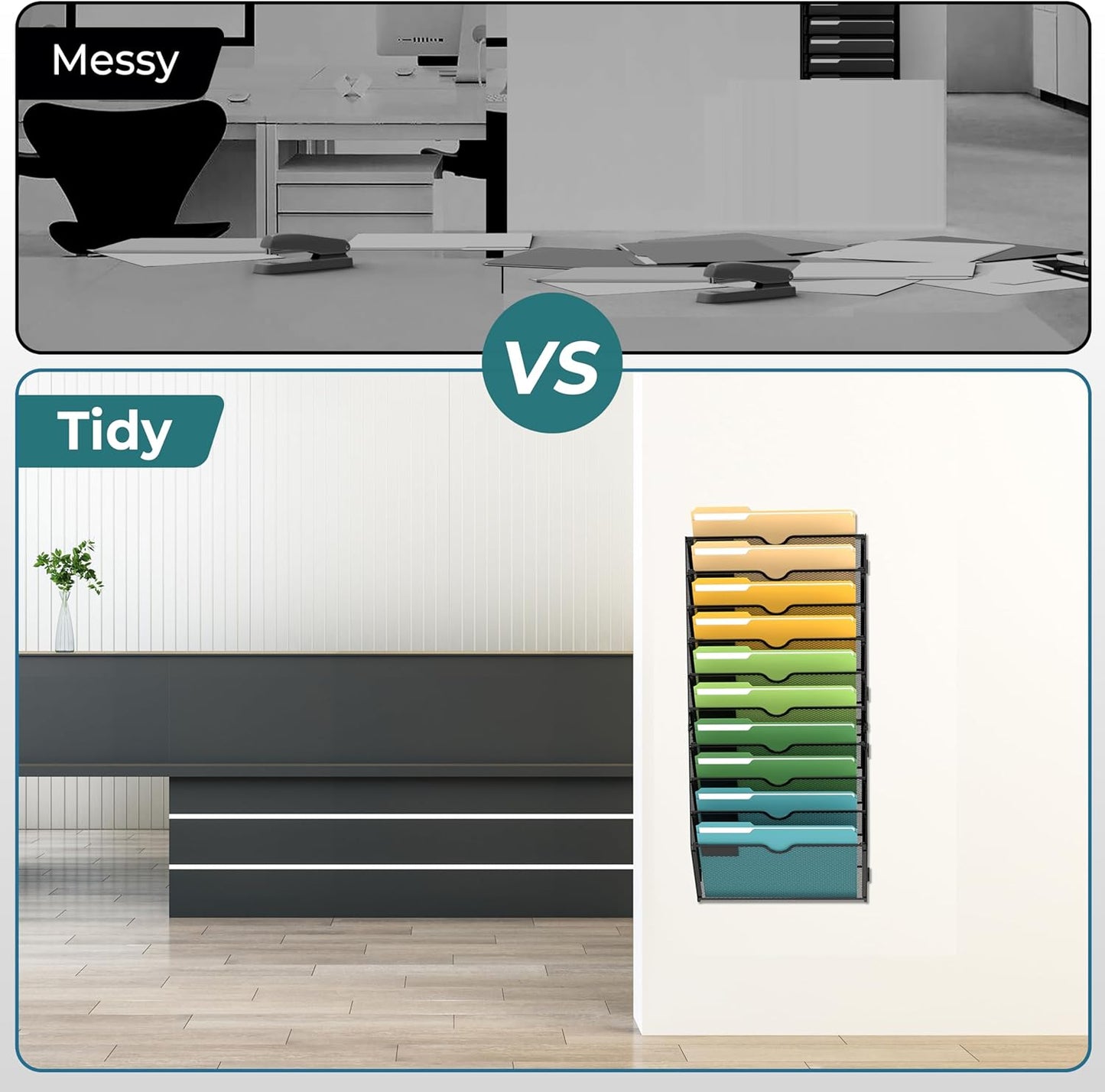 SUPEASY 5 Tier Wall File Organizer, Hanging Wall Mounted Mail Organizer with Label Slots, Metal Mesh File Holder Magazine Rack for Office, Home, School or Classroom, Black