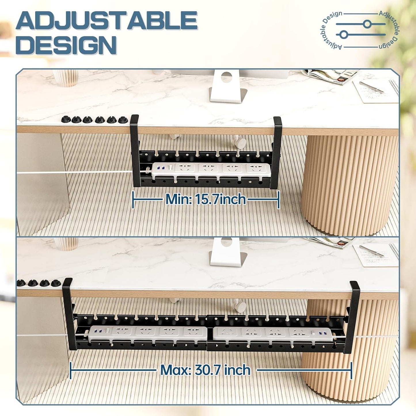 Shikha Cable Management Under Desk, 15.7"-31" Retractable Cable Management Tray, No Drilling Cord Organizer with Clamp for Desk, Under Table Wire Management Tray for Home Office -White